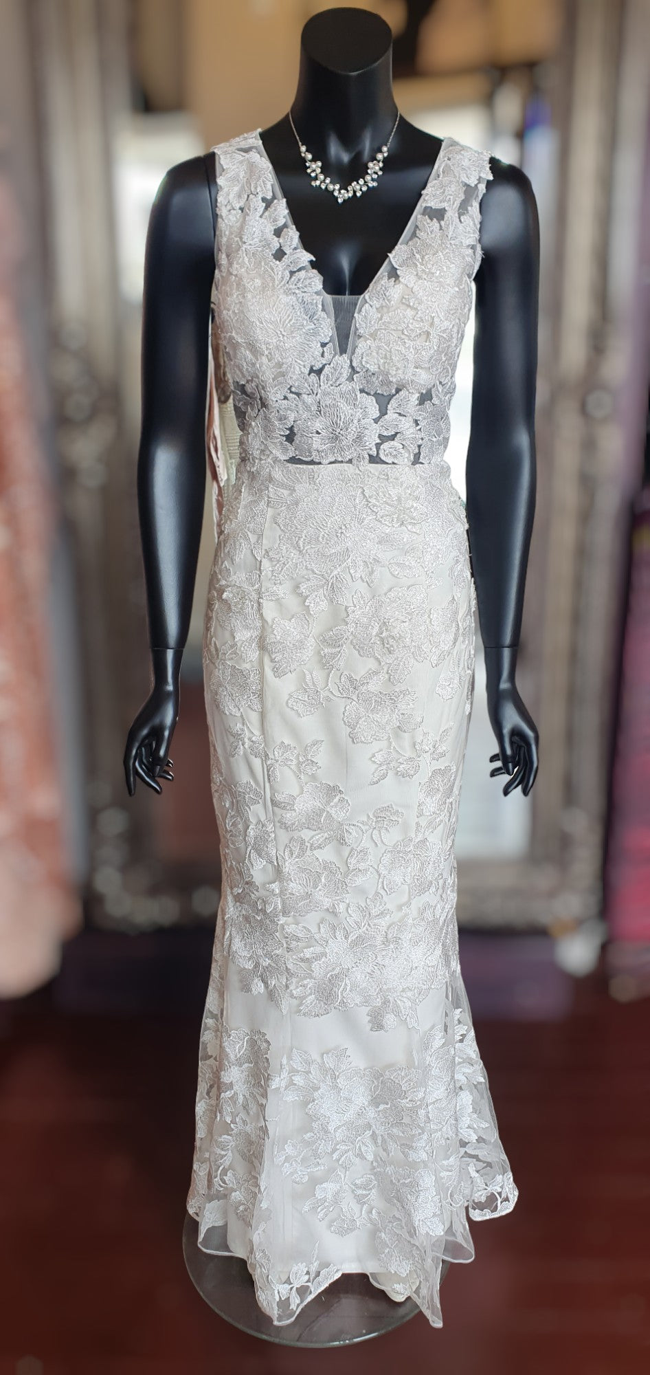 J'Adore Fit & Flare Floral Lace Sleeveless Gown