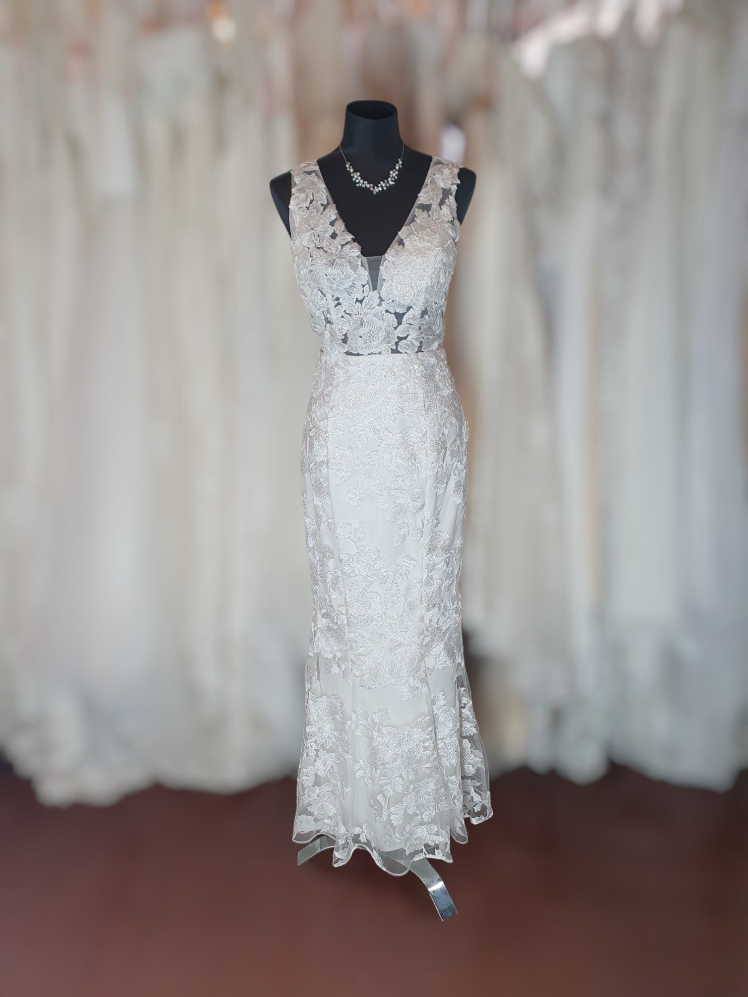 J'Adore Fit & Flare Floral Lace Sleeveless Gown