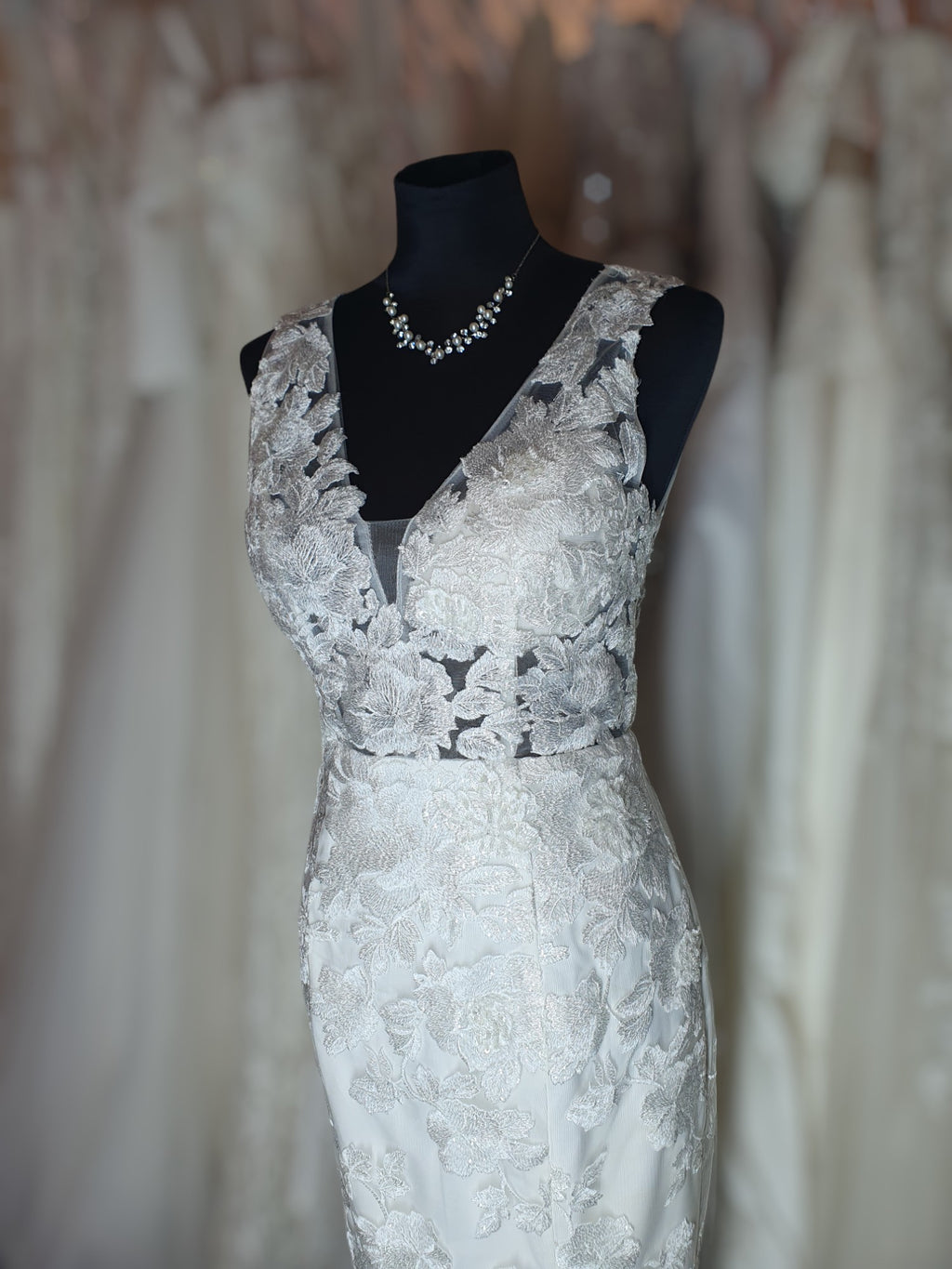 J'Adore Fit & Flare Floral Lace Sleeveless Gown