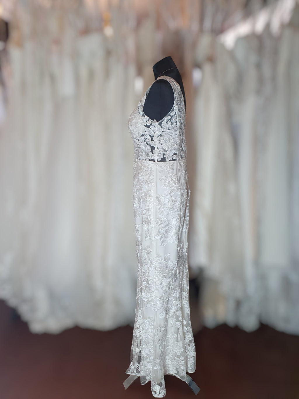 J'Adore Fit & Flare Floral Lace Sleeveless Gown