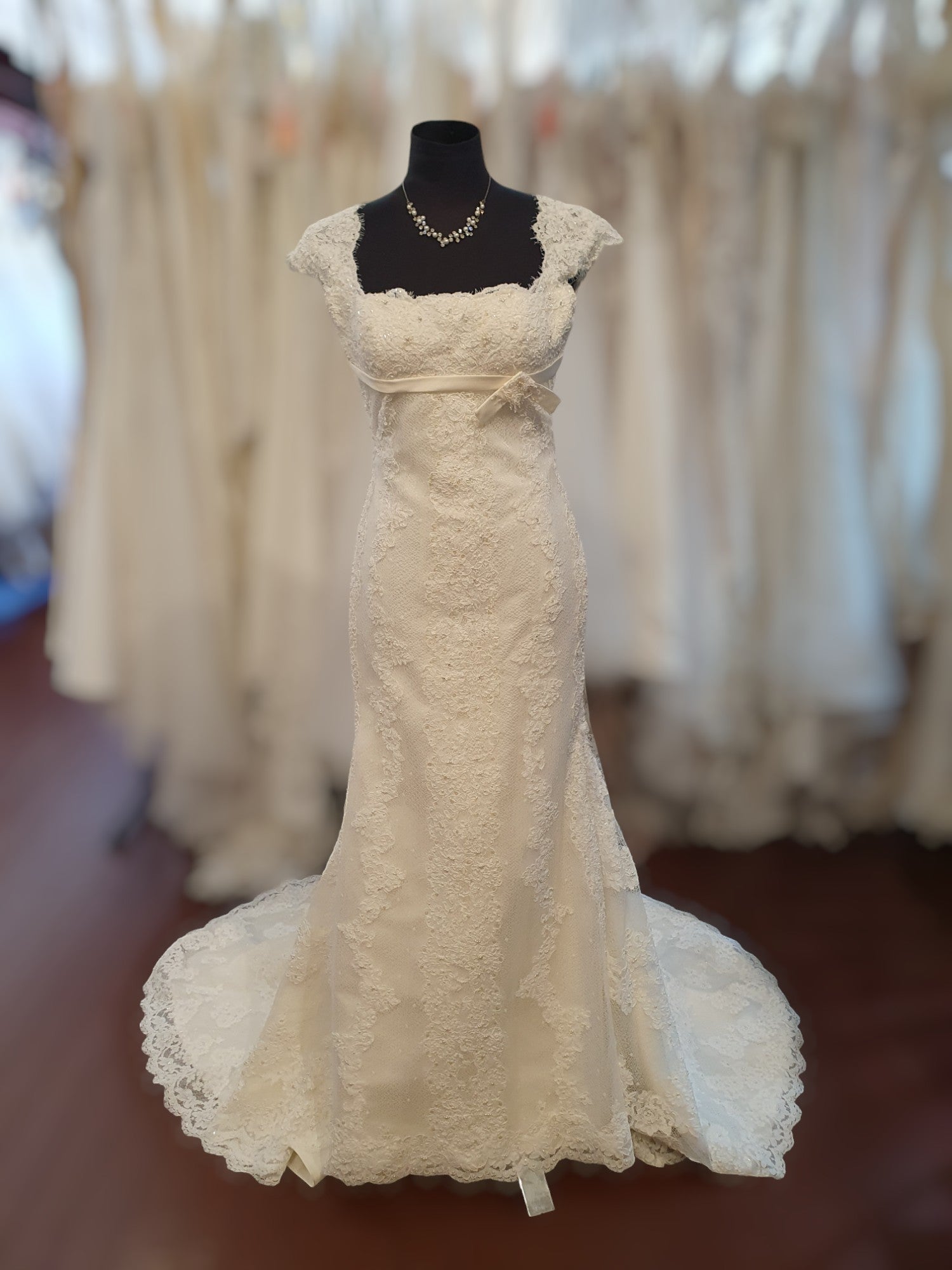 Pronovias Beading & Bow Cap Sleeve Gown