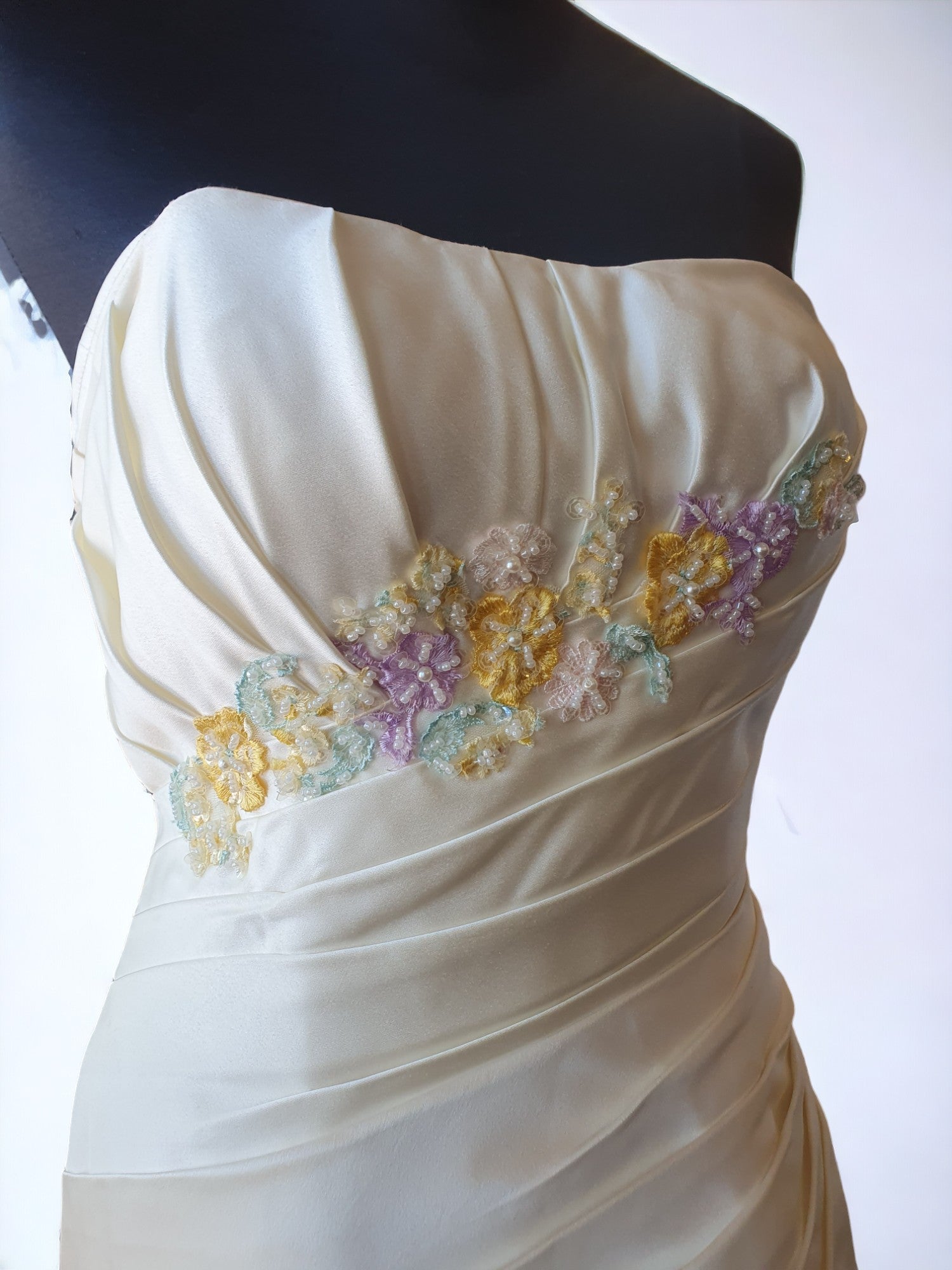 Strapless Cream Gown with Embroidered Florals