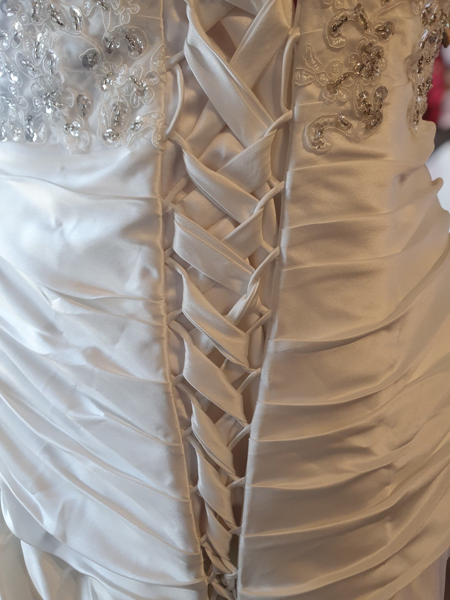 Strapless Rouched Lace up Gown, BNWT, Size 16 Ivory